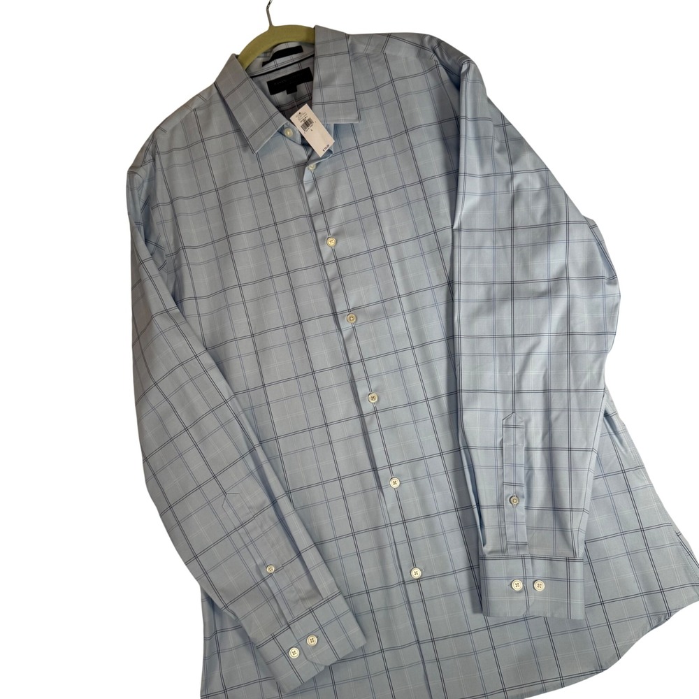 Banana Republic NEW Mens Athletic Fit Dress Shirt L Blue Plaid Wrinkle Resistant